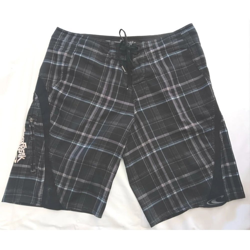 O'NEILL Superfreak Plaid Board Shorts Size 30 Zip Pocket Black Gray EUC S M